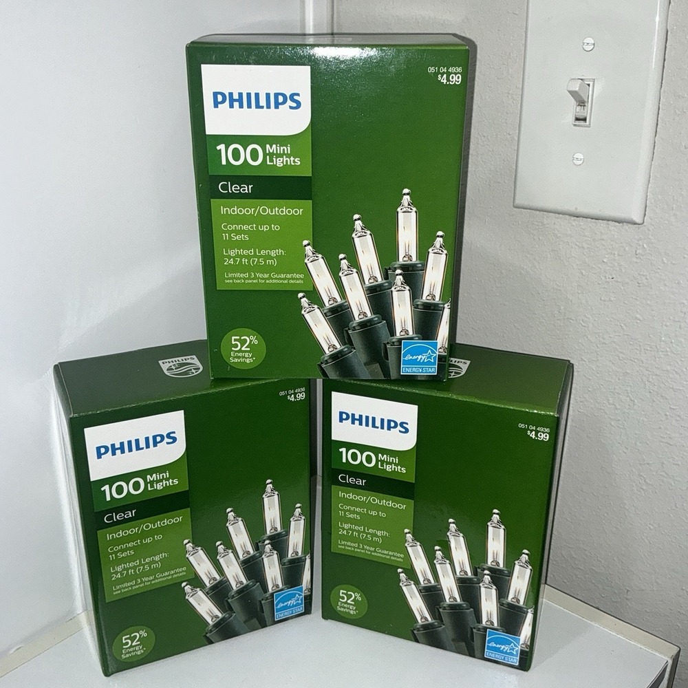 Philip 100ct Mini Lights Clear Christmas String Light 24.7 FT Green Wire Lot (3)